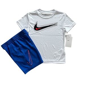 Nike Boys 2-Piece Dri-FIT Set Size 7 Blue Shorts White Logo Shirt Athletic NWT